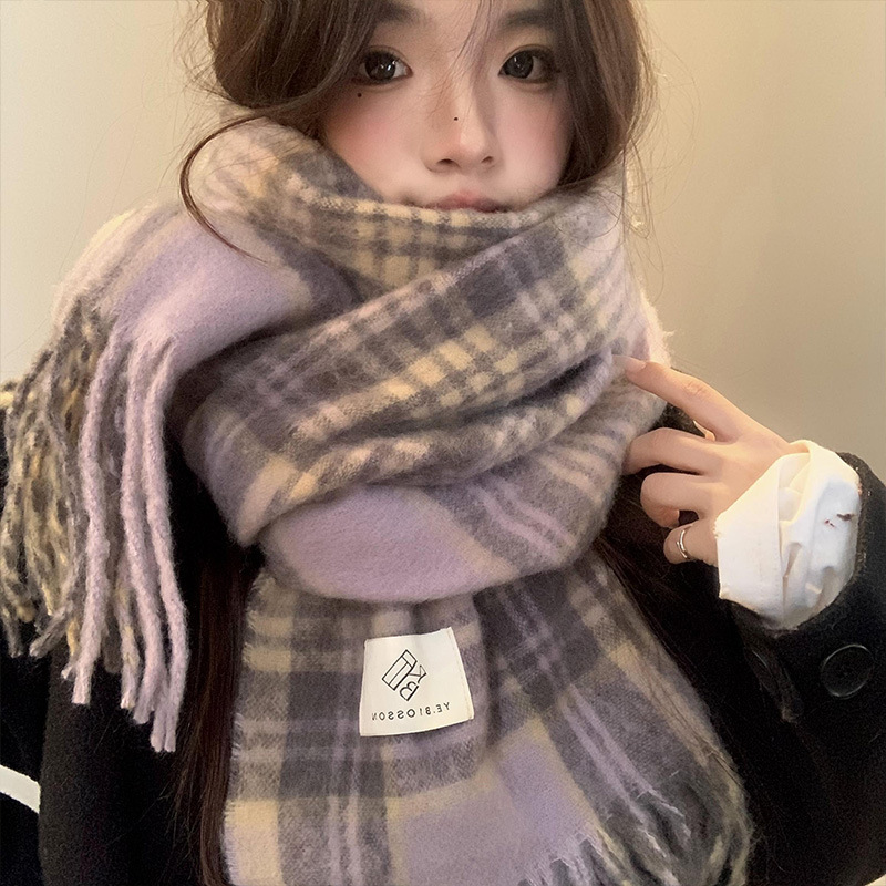 Fioletowy szal w kratę damski  – Winter Clothing Korea recenzja i cena