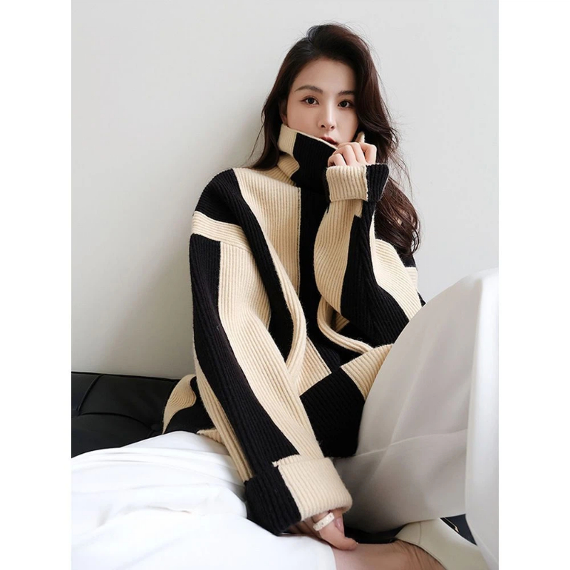 Luźne swetry w paski z kontras – Winter Clothing Korean recenzja i cena